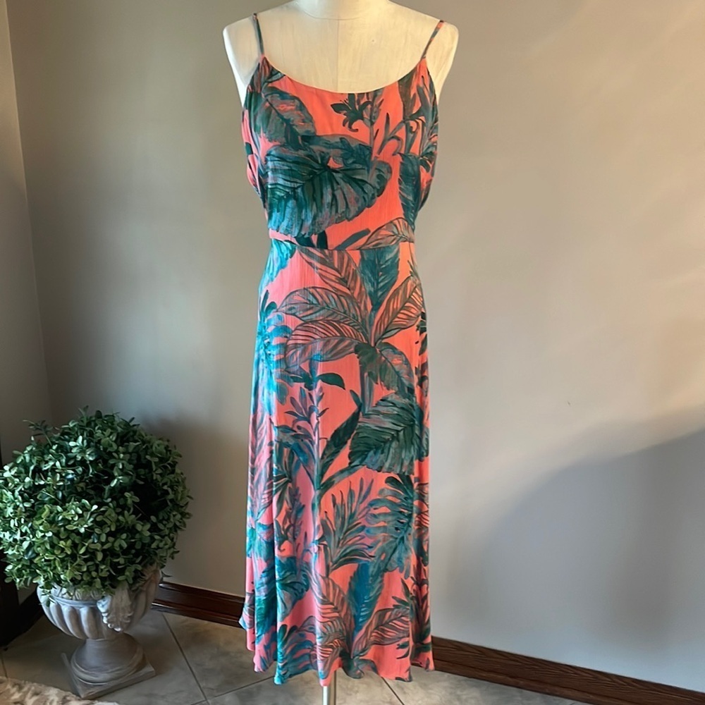 Cynthia Rowley tropical leaf gauze sundress attached wide tie belt relaxed fit 6